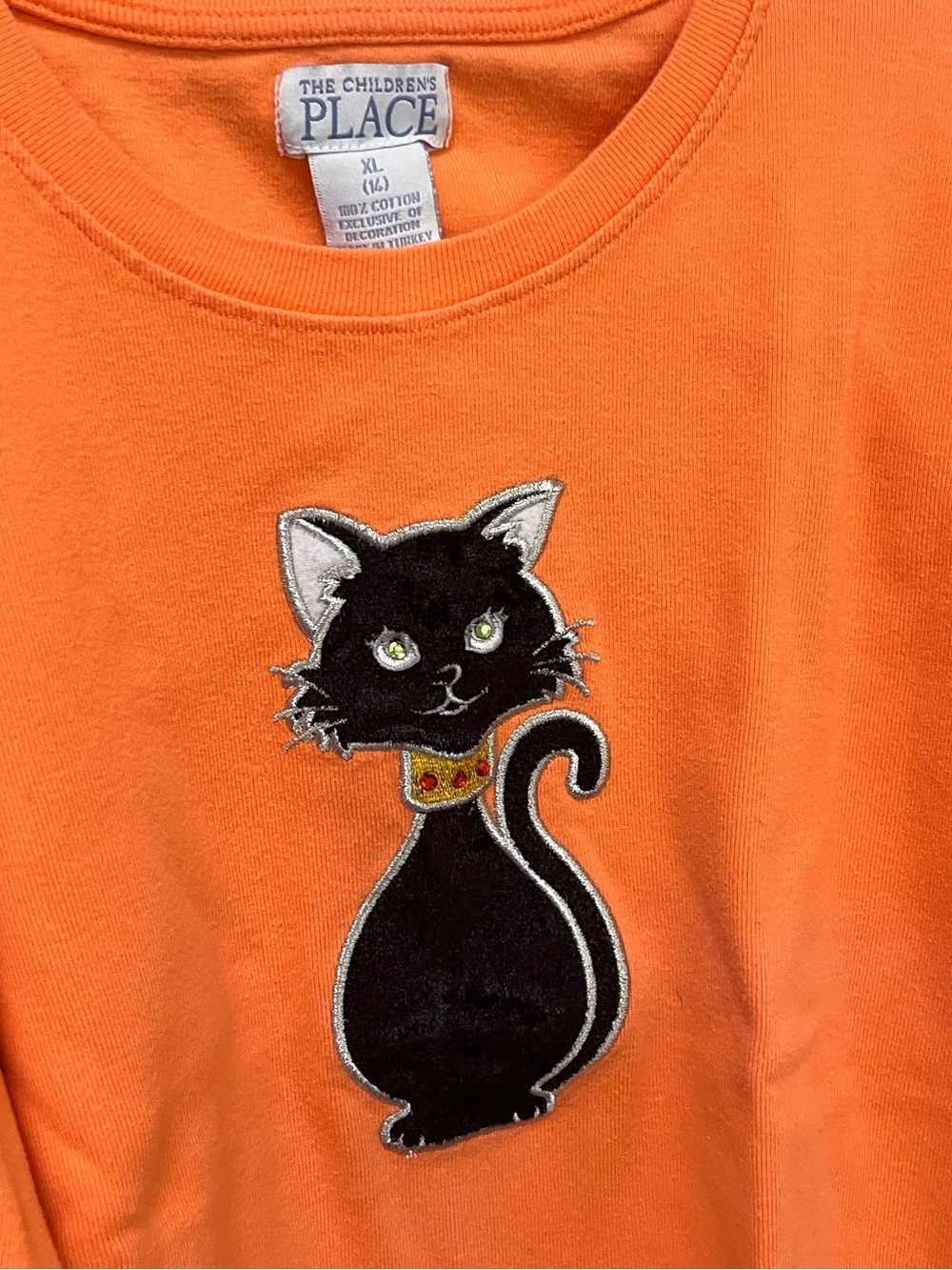 The Children's Place Orange long sleeve shirt, with Black velvet Cat Appliqué.